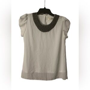 White Blouse with Beaded Necklace Neckline and Ruffle Sleeves Women’s